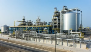 A modern industrial facility with large pipelines, storage tanks, and processing units