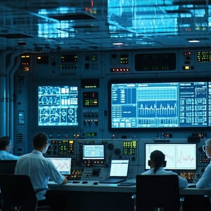 Essential Power - Interior of an offshore control room glowing screens and power system indicators crew monitoring performance-1