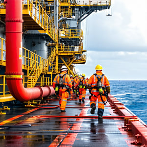 Fire Protection Systems - Offshore platform during a safety drill red piping and fire zones marked clearly crew in gear responding with hoses close view-Mar-24-2025-08-07-12-4683-AM
